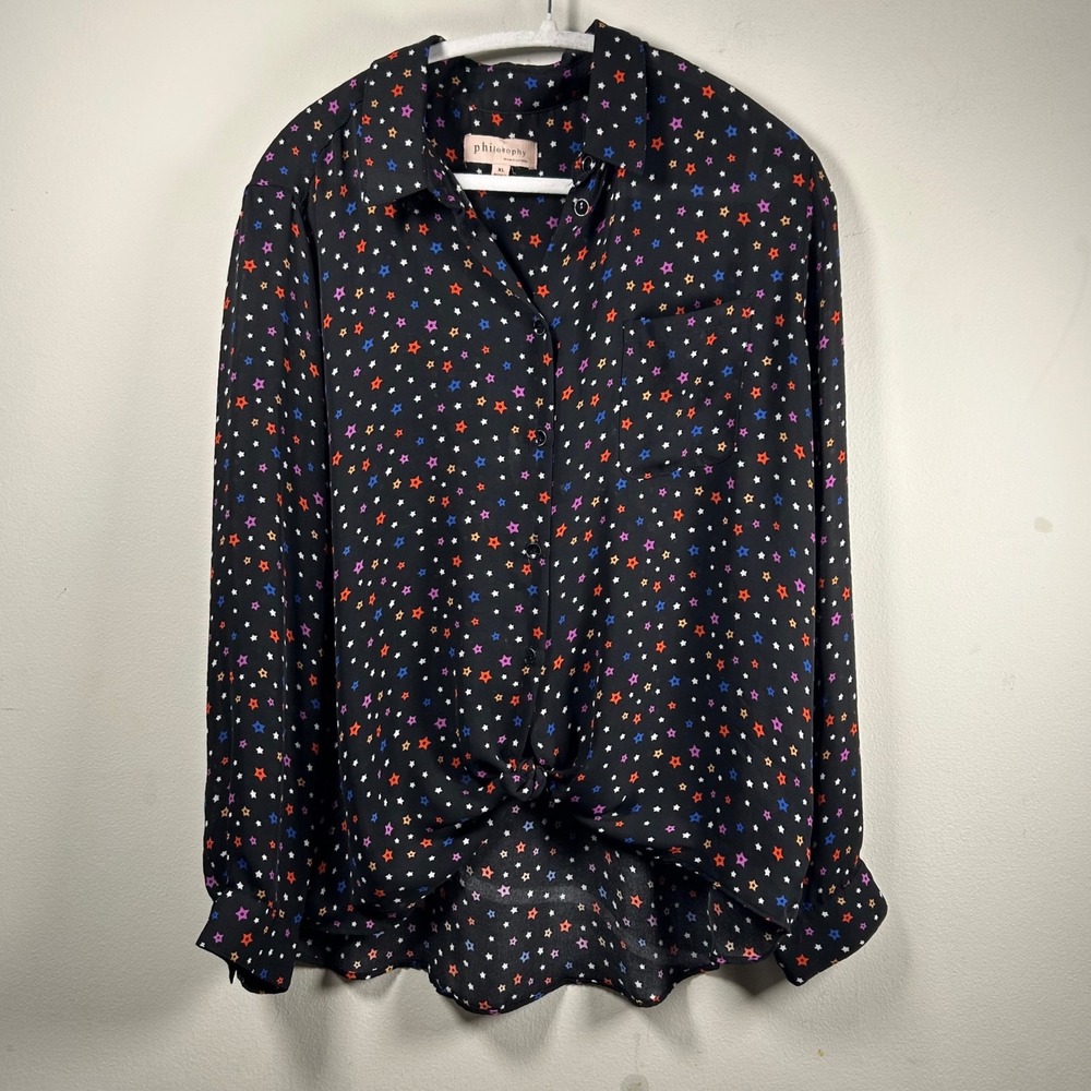 Philosophy Republic Clothing Blouse Womens XL Black Y2K Star Print Button Down